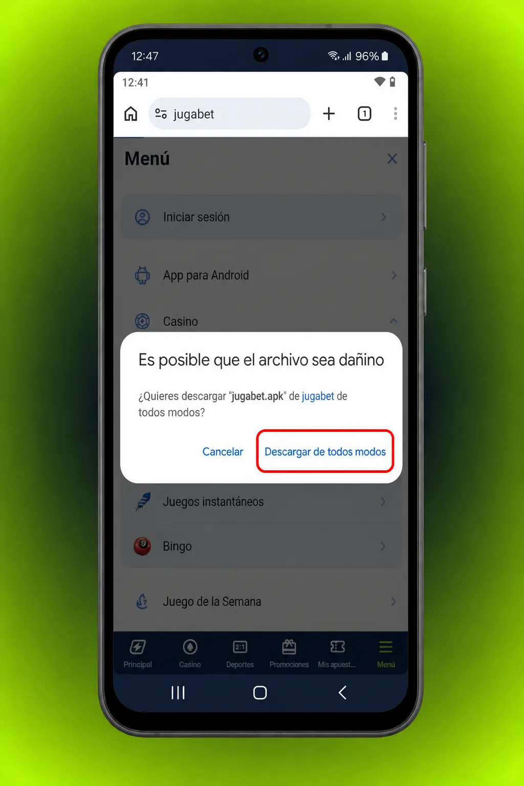 Pasos para descargar e instalar el APK de Jugabet en Android desde el sitio oficial, activando fuentes externas antes de instalar.