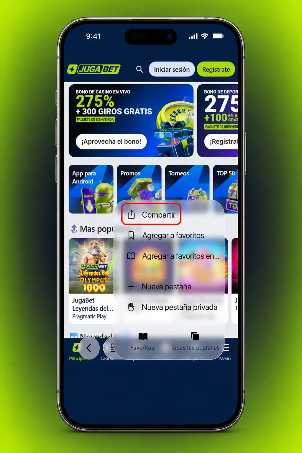 Pasos para descargar e instalar la app Jugabet en iOS desde Safari, agregándola a la pantalla de inicio del iPhone o iPad.