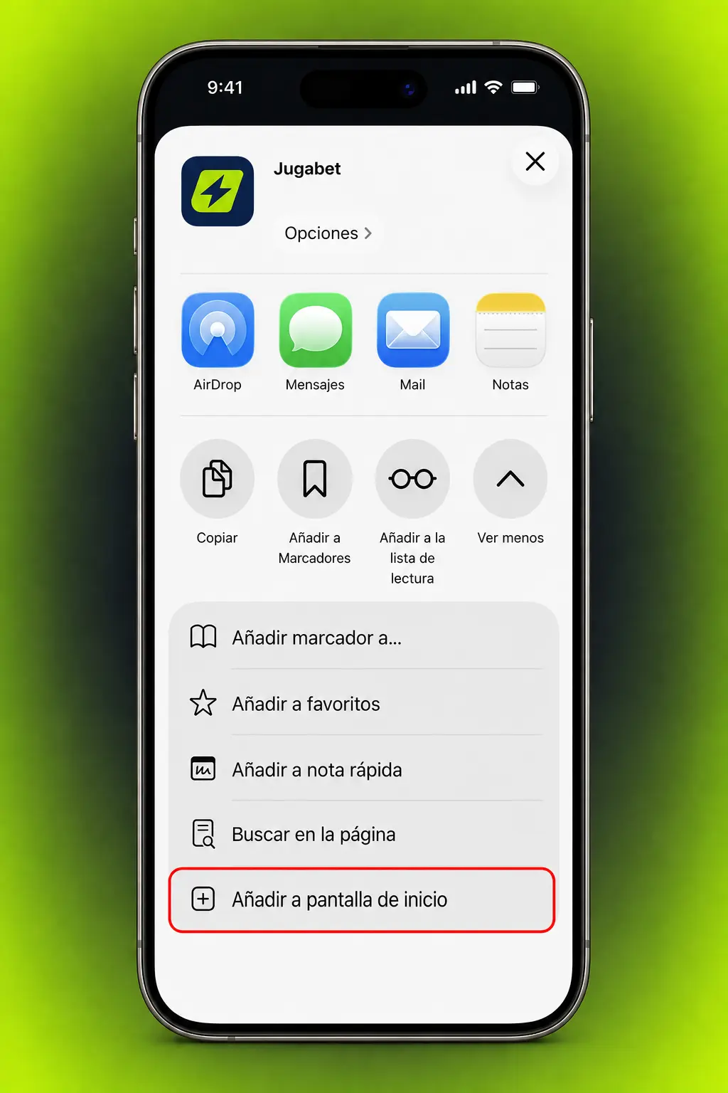 Pasos para descargar e instalar la app Jugabet en iOS desde Safari usando el ícono de compartir del navegador.