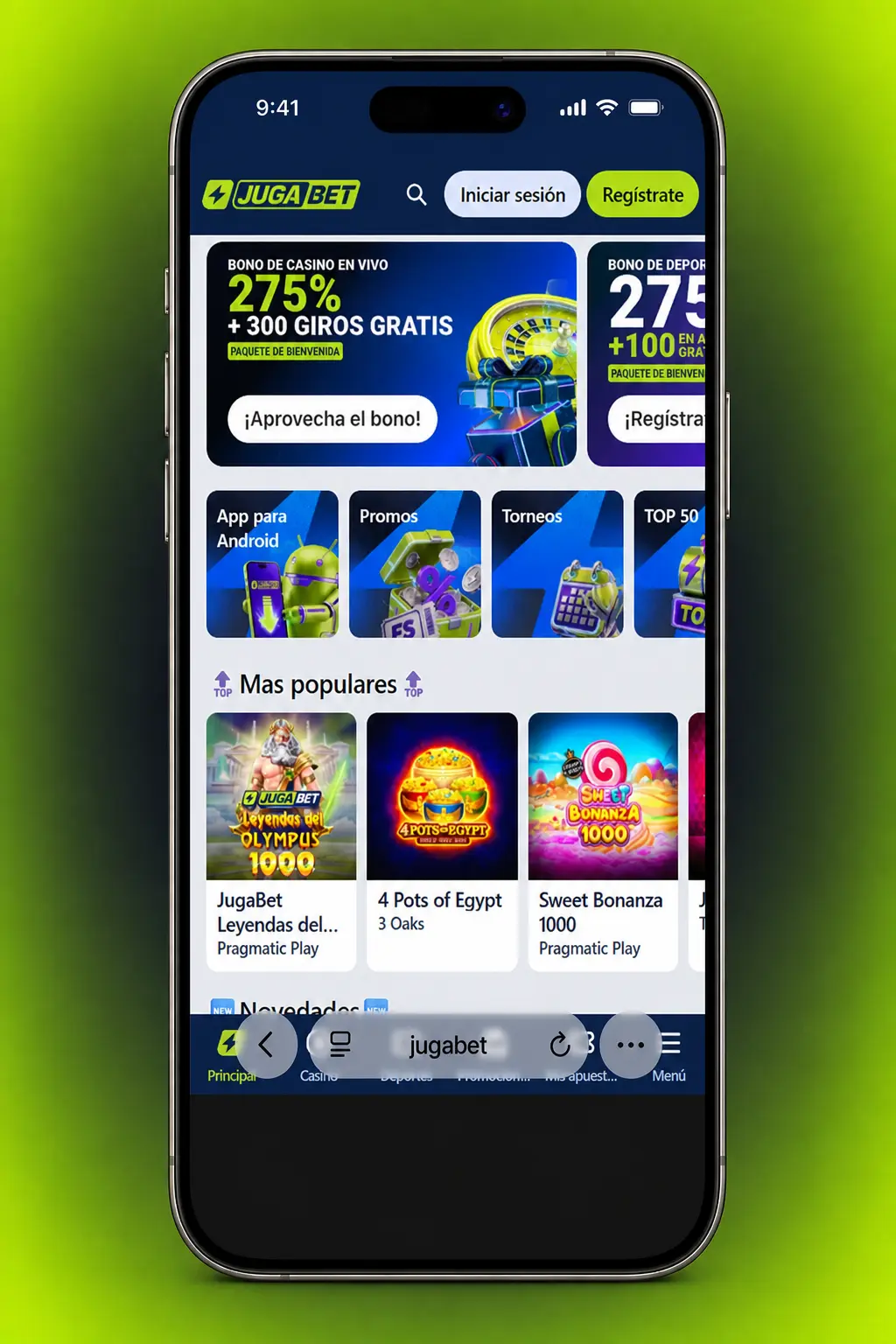 Pasos para descargar e instalar la app Jugabet en iOS desde Safari, agregando el acceso directo a la pantalla de inicio del iPhone.