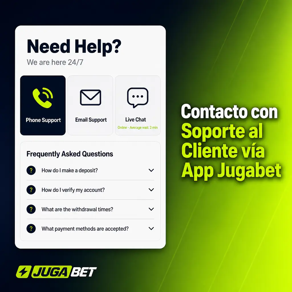 Contacto con soporte al cliente de Jugabet vía app: chat en vivo, WhatsApp, correo y formulario 24/7.