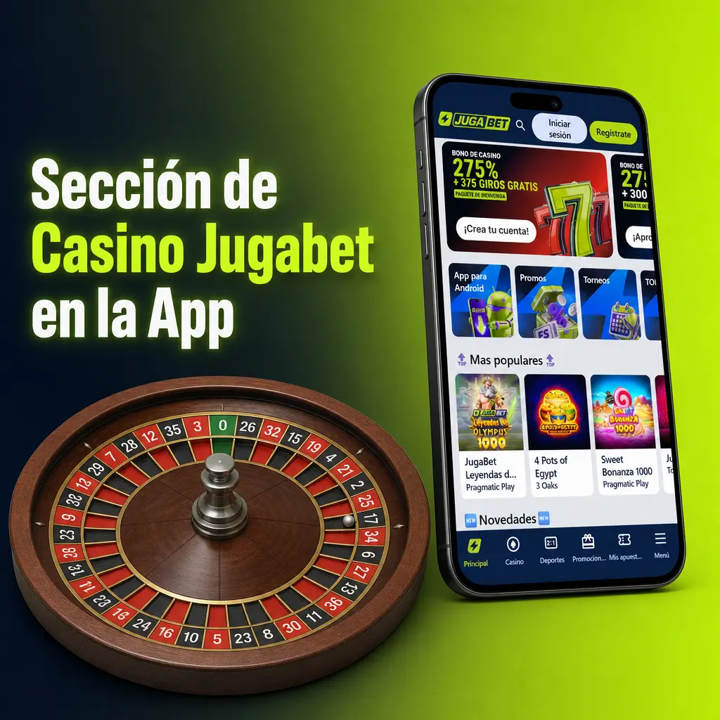 Sección de casino en la app Jugabet con tragamonedas, mesas en vivo, jackpots y bingo, filtrados por proveedor y tipo de juego.